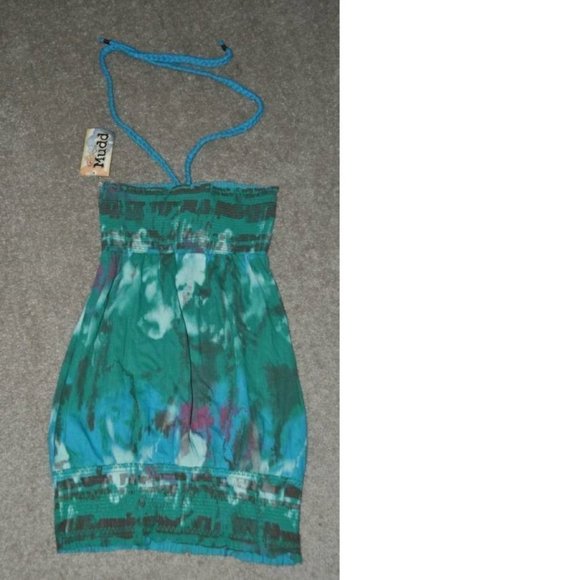 Womens Halter Tunic Mudd Blue Medium Braided Straps Tie Dye Banded Hem Stretch - Picture 2 of 2